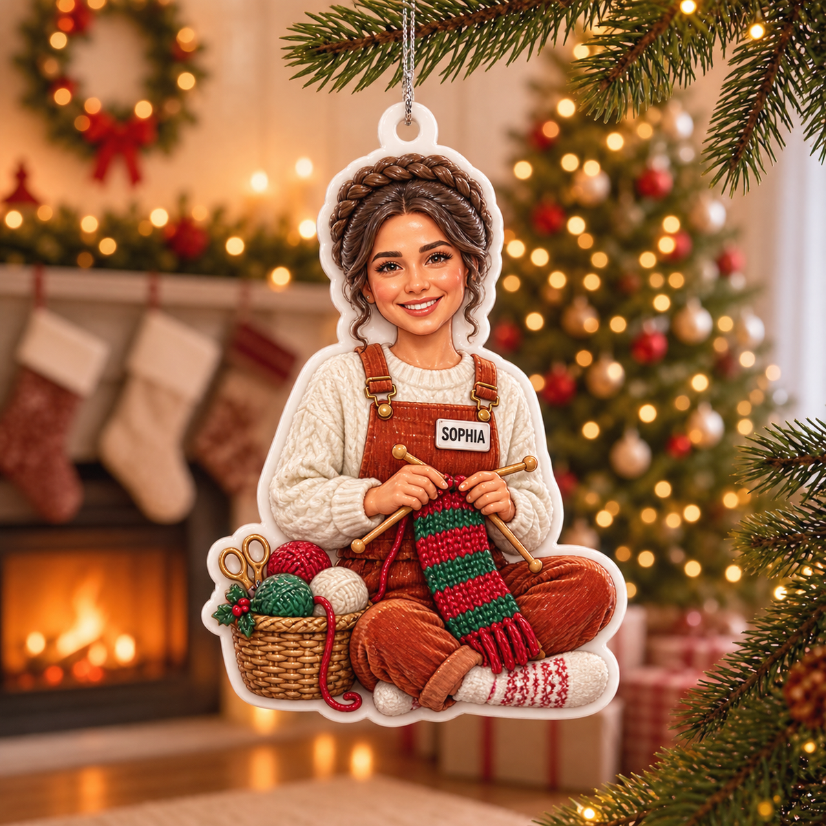 Knitting Girl Crafter with Yarn Basket Acrylic Holiday Hanging Keepsake - 3D Relief Ornament