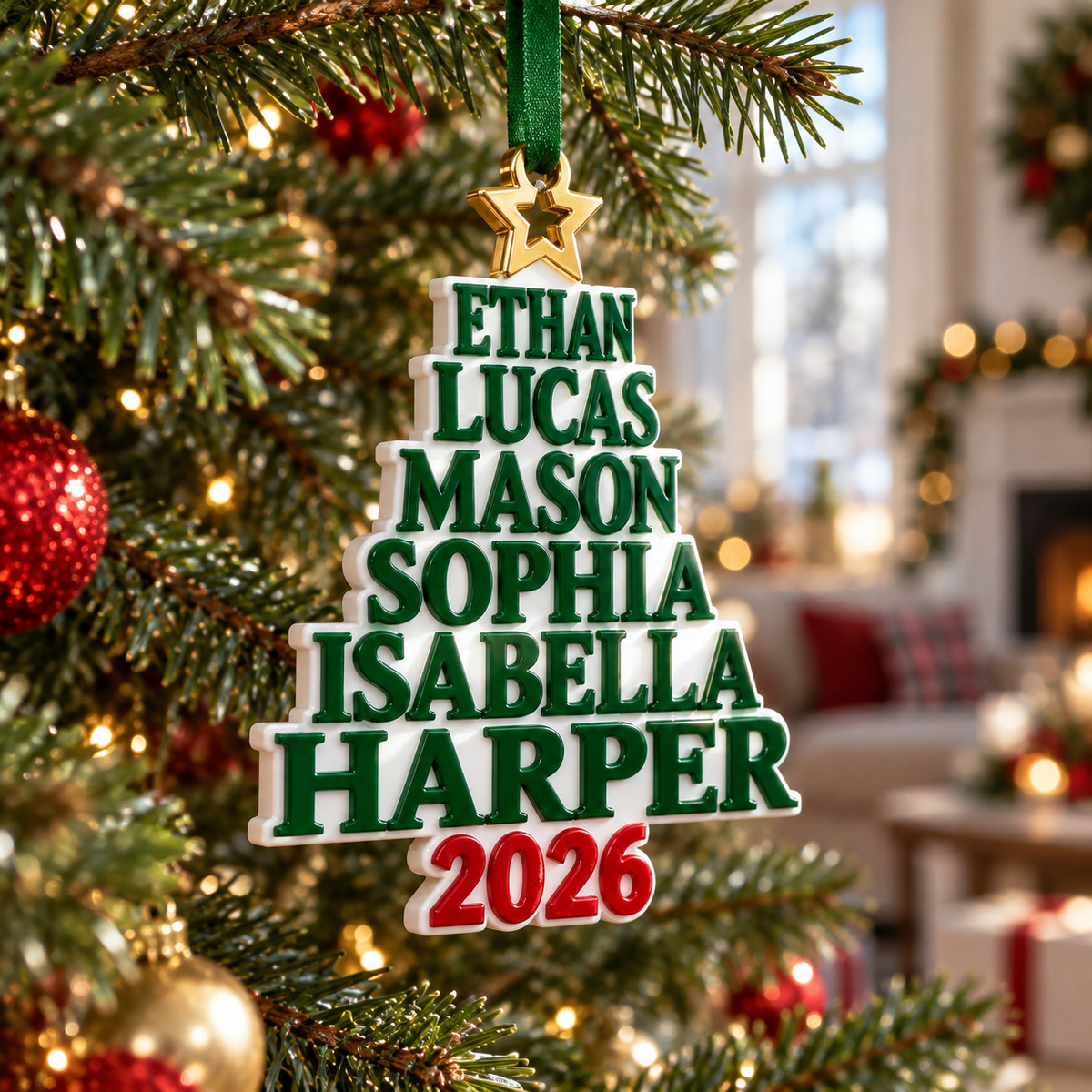 Green Stacked Name Christmas Tree Holiday Decor with Star Topper - 3D Relief Ornament