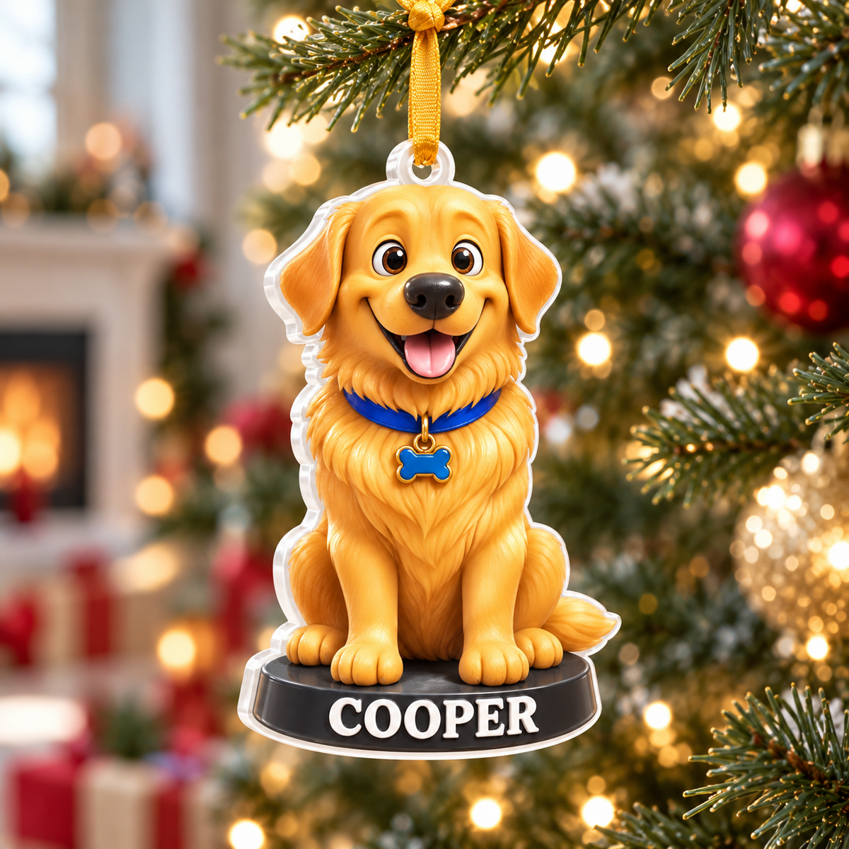 Golden Retriever Dog Holiday Tree Hanging Decoration, Yellow Puppy Figure - 3D Relief Ornament