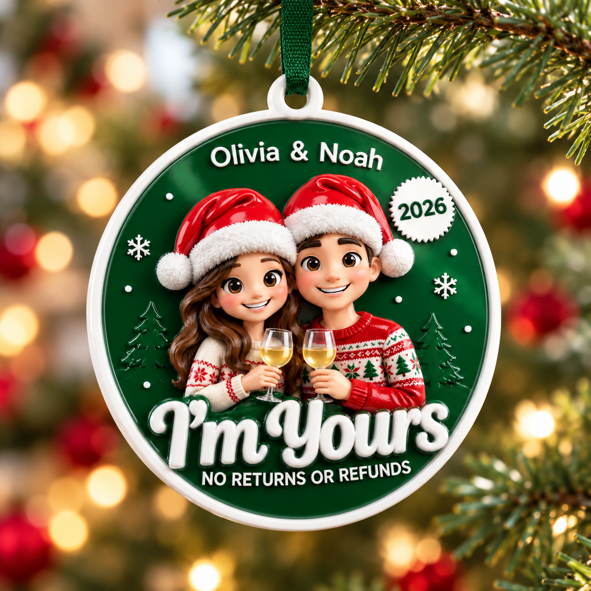 Couple Christmas Tree Hanging Disc, Im Yours Wine Toast Holiday Keepsake - 3D Relief Ornament