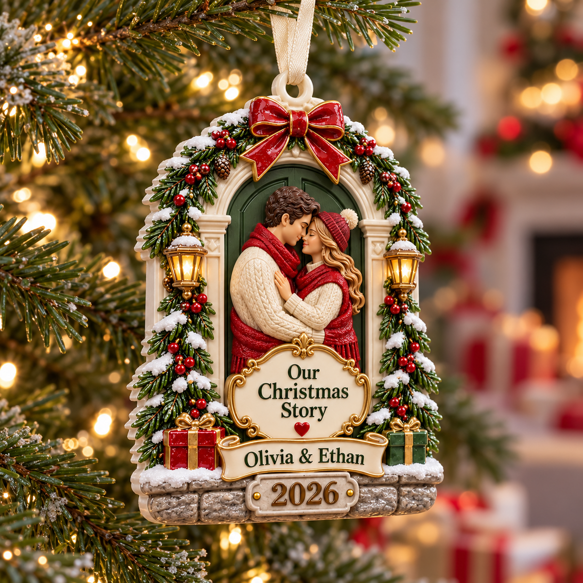 Winter Couple Holiday Doorway Plaque with Ribbon - 3D Relief Ornament