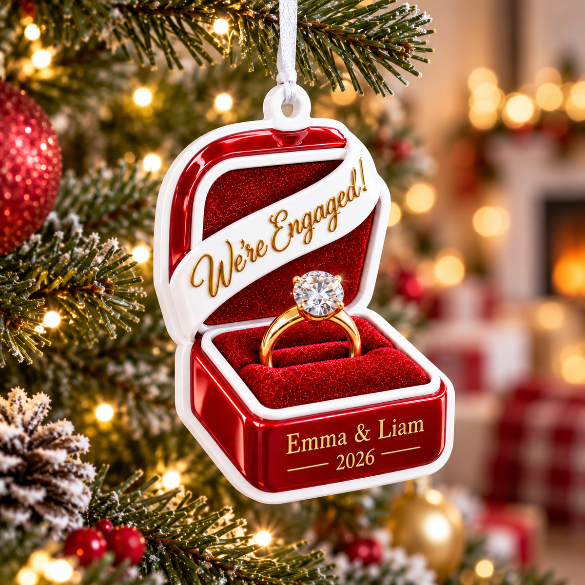 We're Engaged Red Velvet Ring Box Christmas Tree Keepsake - 3D Relief Ornament