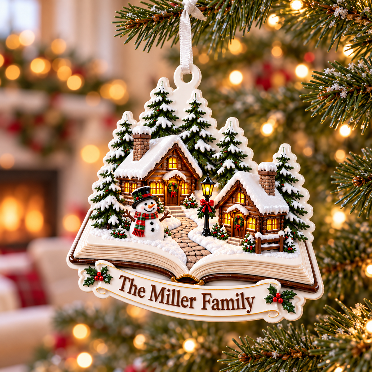 Storybook Winter Village Snowman Cabin Holiday Tree Decor - 3D Relief Ornament
