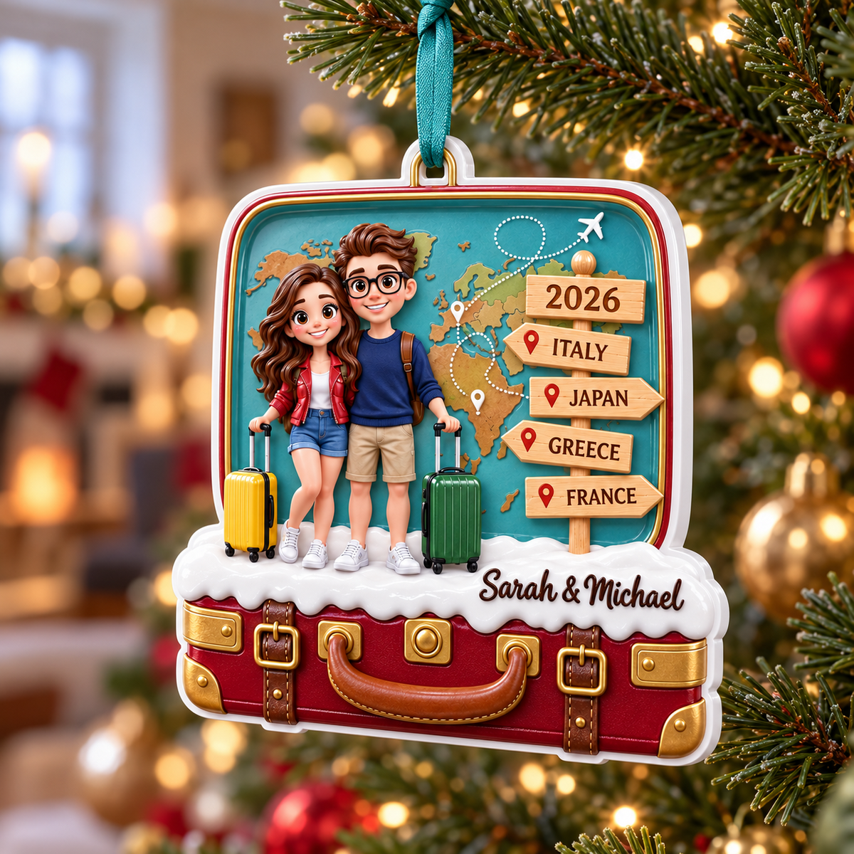 Travel Couple Suitcase Christmas Tree Decoration, Vacation Trip Theme Keepsake - 3D Relief Ornament