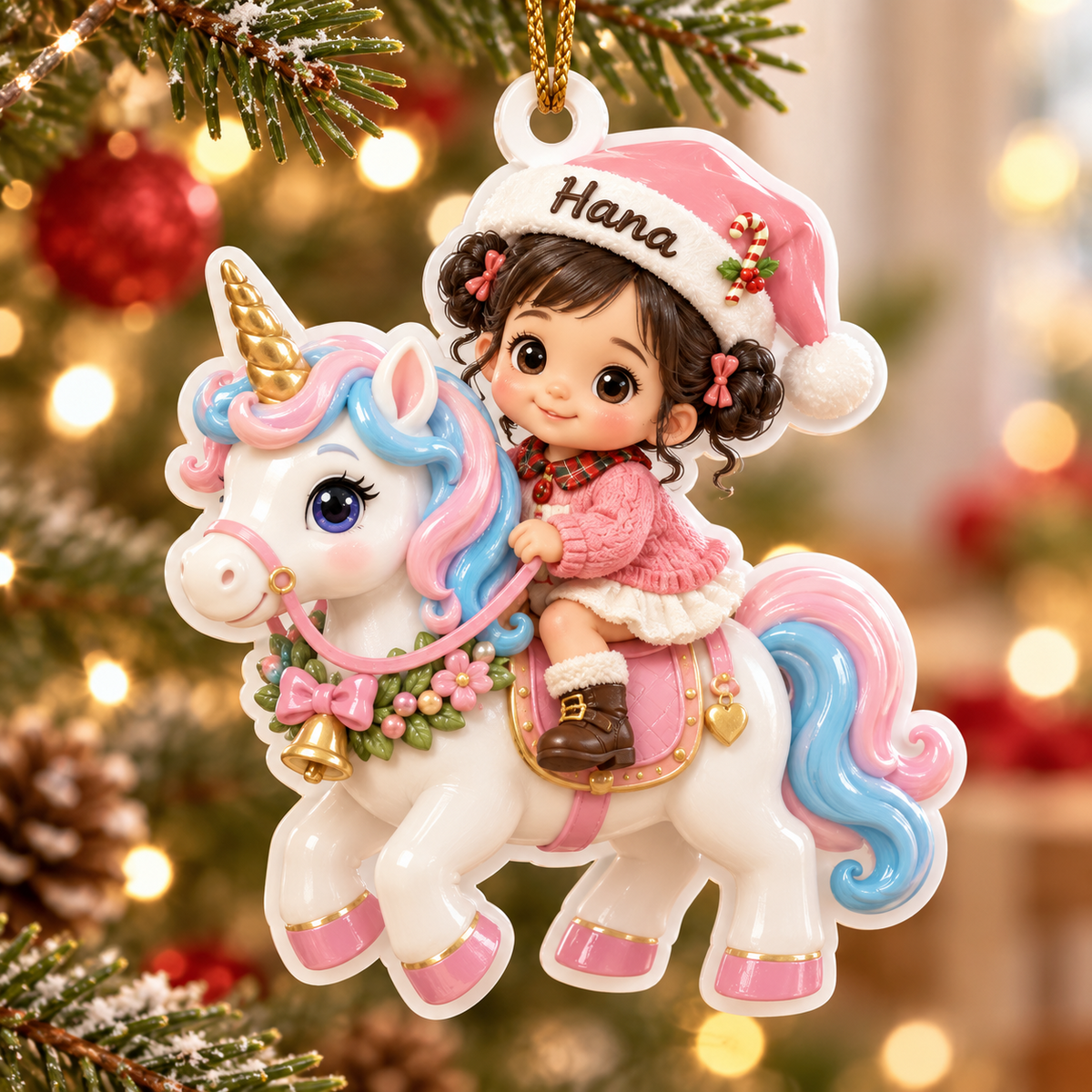 Little Girl in Pink Santa Hat Riding Unicorn Acrylic Christmas Tree Hanging Decor - 3D Relief Ornament