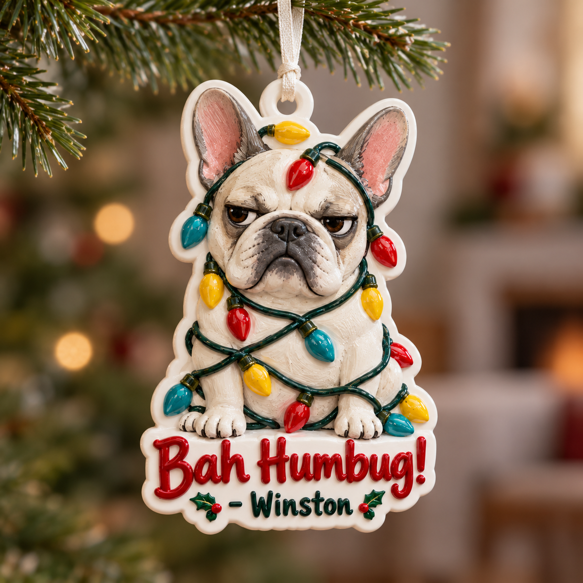 Grumpy French Bulldog Christmas Lights Bah Humbug Hanging Holiday Keepsake - 3D Relief Ornament