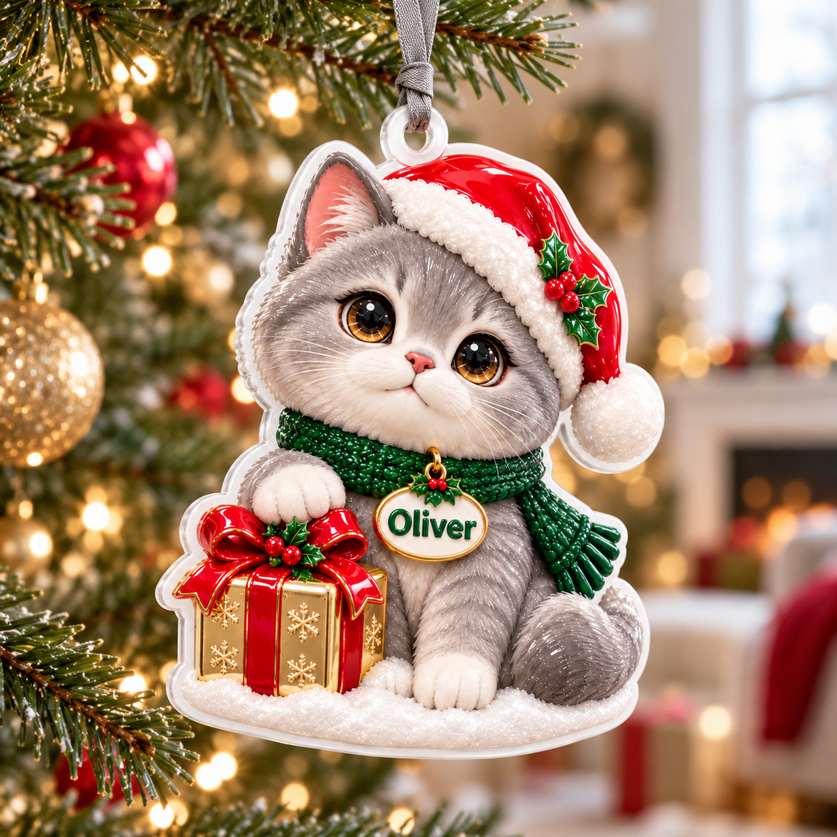 Christmas Grey Cat with Santa Hat and Holiday Present Acrylic Hanging Keepsake - 3D Relief Ornament