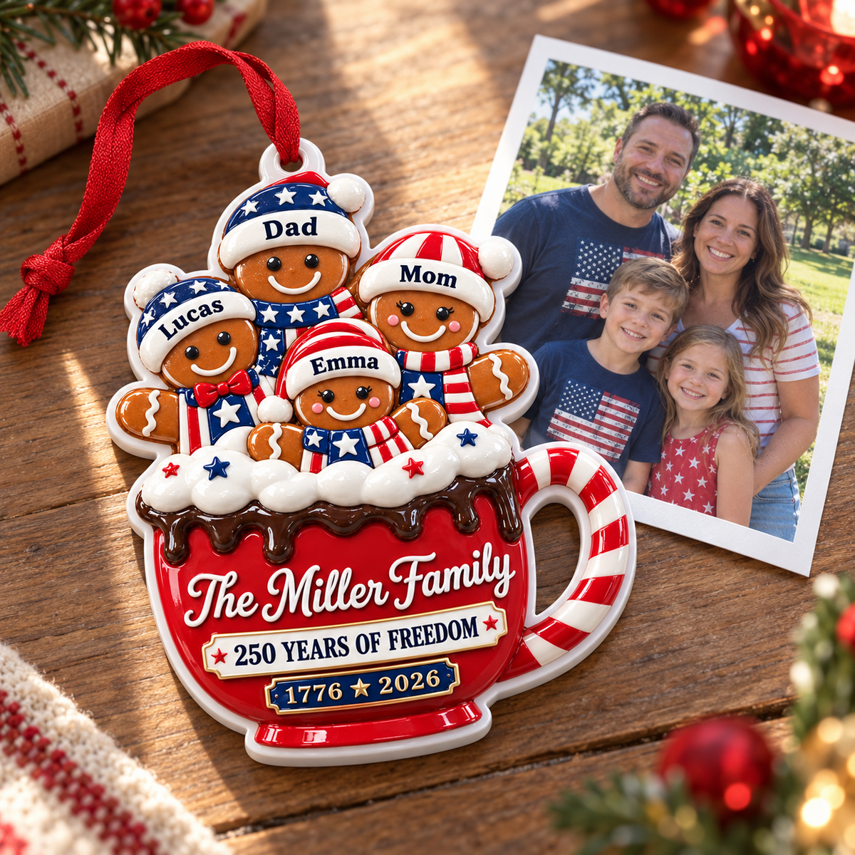 Patriotic Hot Cocoa Mug 250 Years of Freedom Holiday Tree Hanging Decor - 3D Relief Ornament