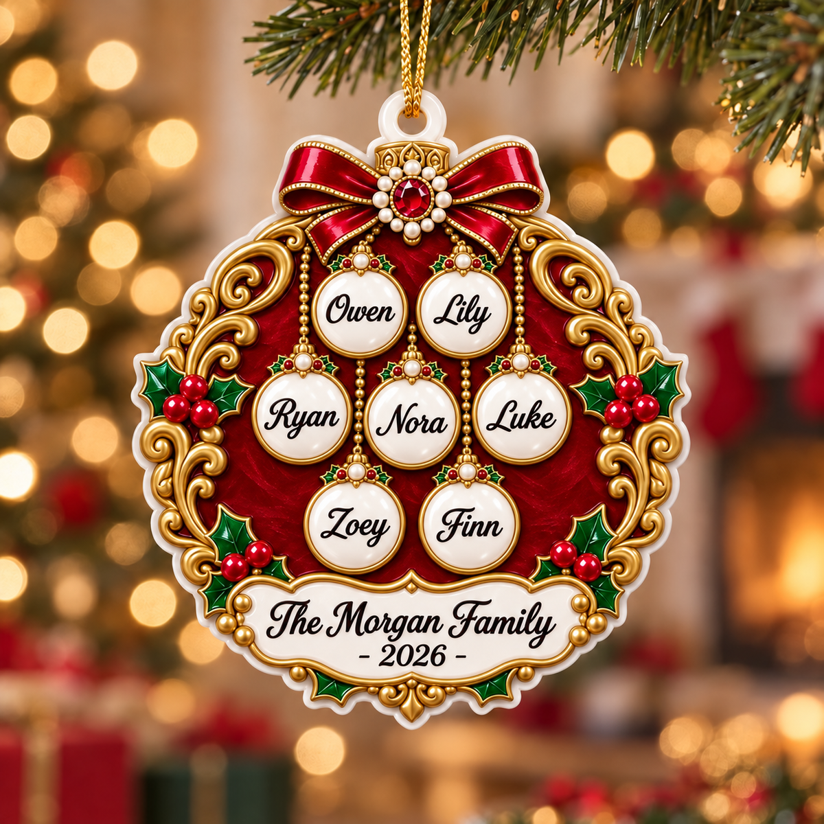 Christmas Family Bauble Medallion in Red and Gold Filigree Scrollwork - 3D Relief Ornament