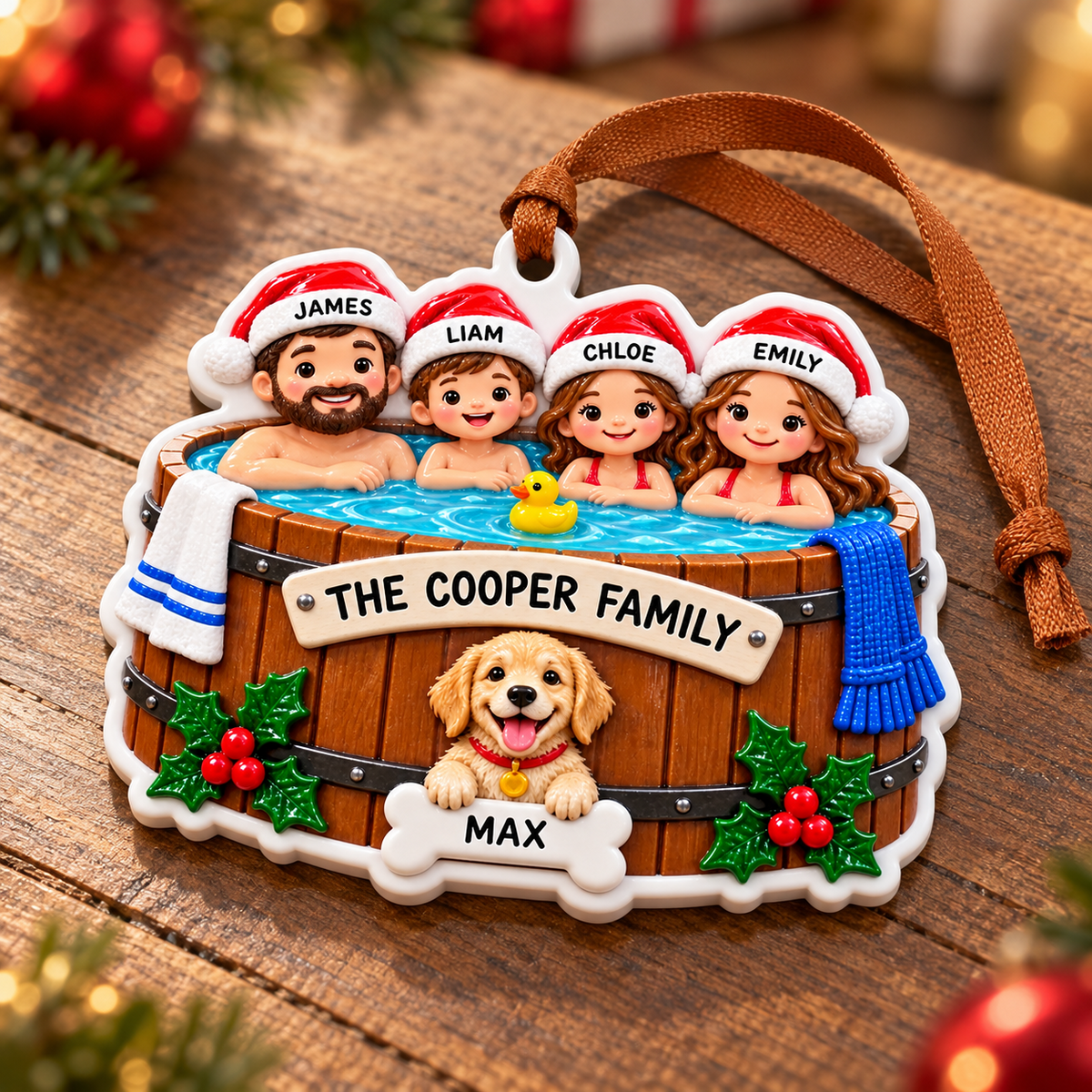 Family of 4 with Dog in Hot Tub Holiday Keepsake - 3D Relief Ornament