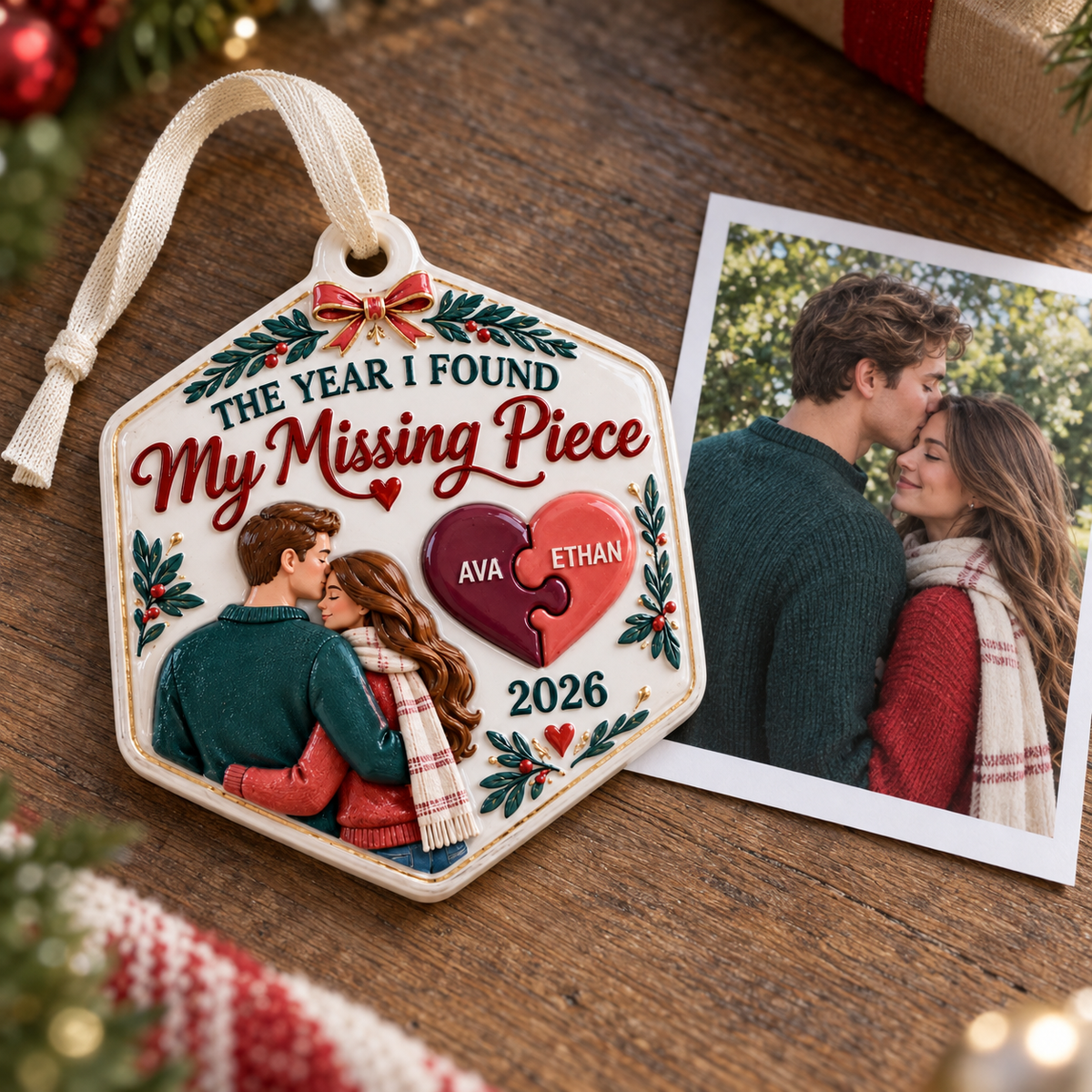 Couple Missing Piece Puzzle Heart Hexagonal Christmas Tree Keepsake - 3D Relief Ornament