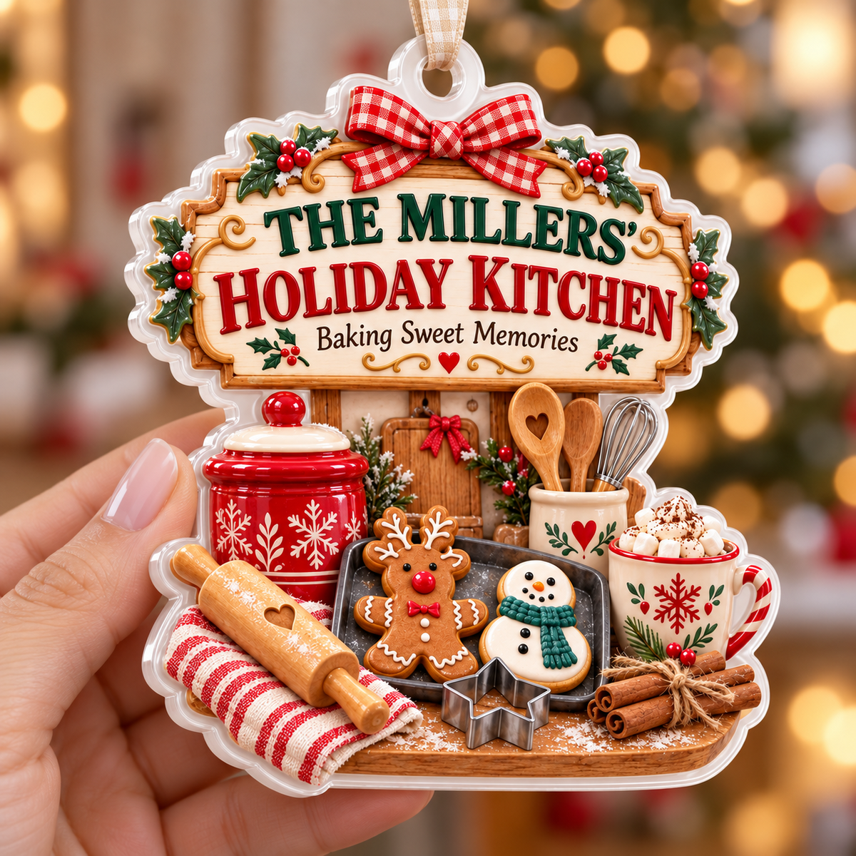 Holiday Kitchen Gingerbread Baking Scene Acrylic Hanging Tree Bauble - 3D Relief Ornament