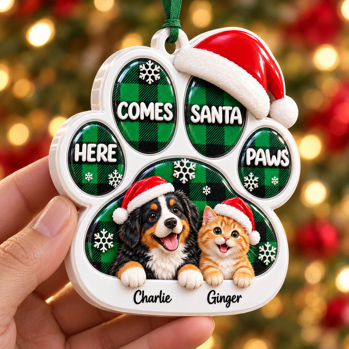 Paw Shape Christmas Tree Hanging Decoration with Dog and Cat Green Plaid - 3D Relief Ornament