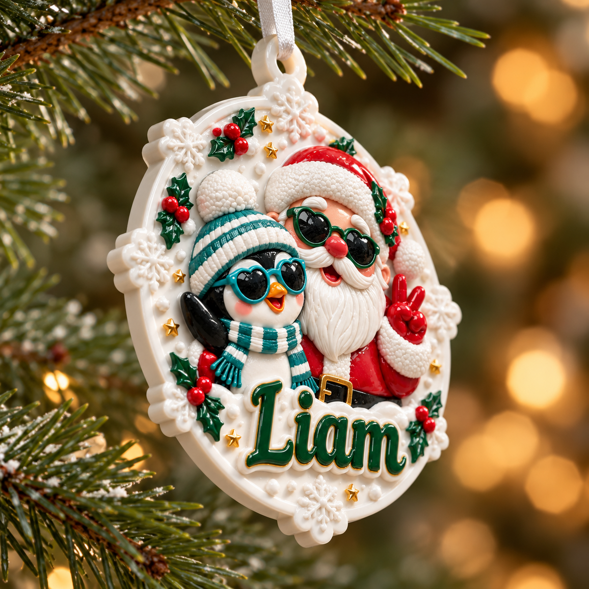 Santa Claus and Penguin Snowflake Holiday Medallion - 3D Relief Ornament