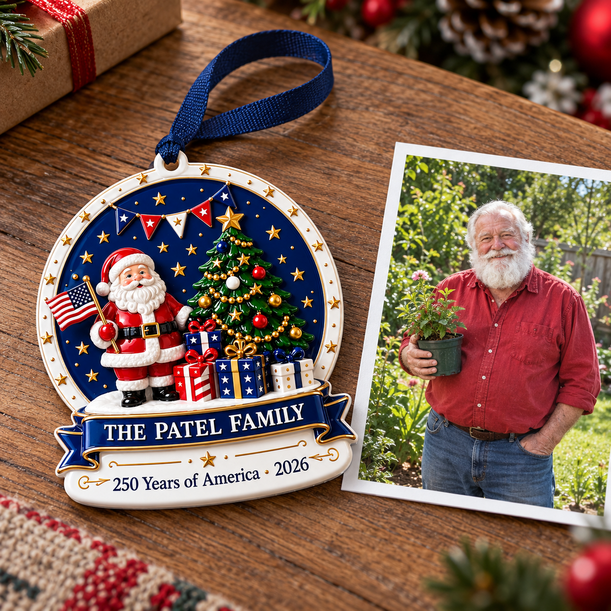 Patriotic Santa Claus with American Flag and Christmas Tree Medallion - 3D Relief Ornament
