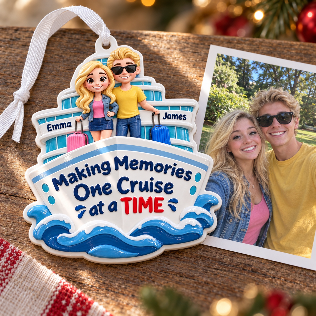 Cruise Ship Couple Vacation Holiday Hanging Decor in Ocean Blue and White - 3D Relief Ornament