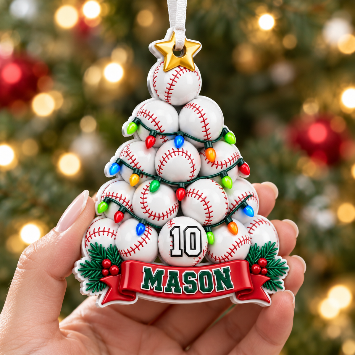 Baseball Christmas Tree Holiday Decor with Star Topper and Festive Lights - 3D Relief Ornament