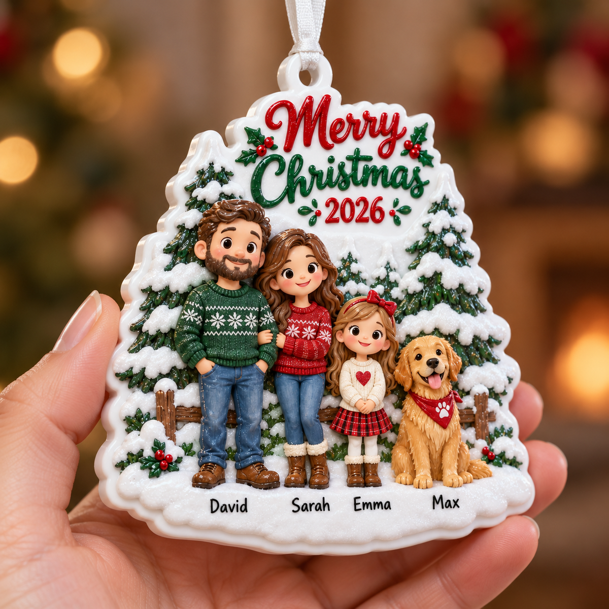 Family of Three with Dog Snowy Pine Tree Hanging Holiday Keepsake - 3D Relief Ornament