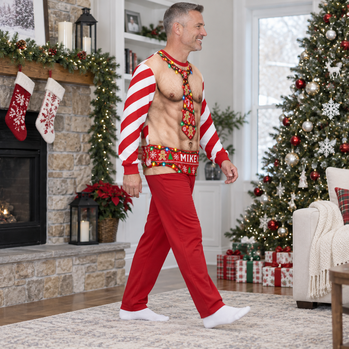 Funny Christmas Sweatshirt Faux Muscle Chest Holiday Tie Graphic
