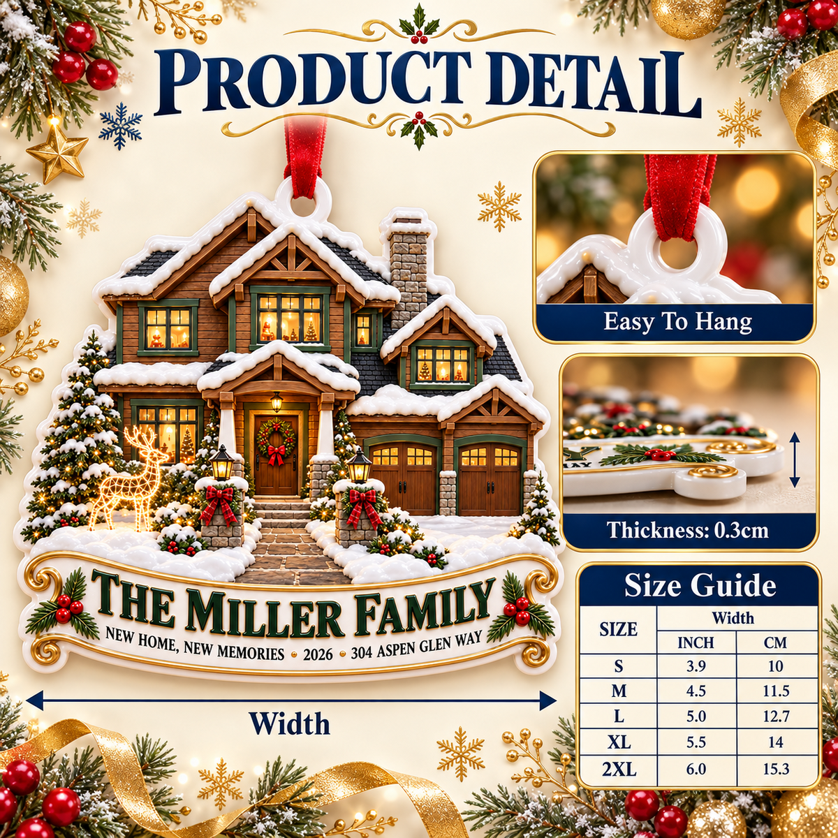 Snowy Winter House Holiday Keepsake with Ribbon Hanging Loop - 3D Relief Ornament