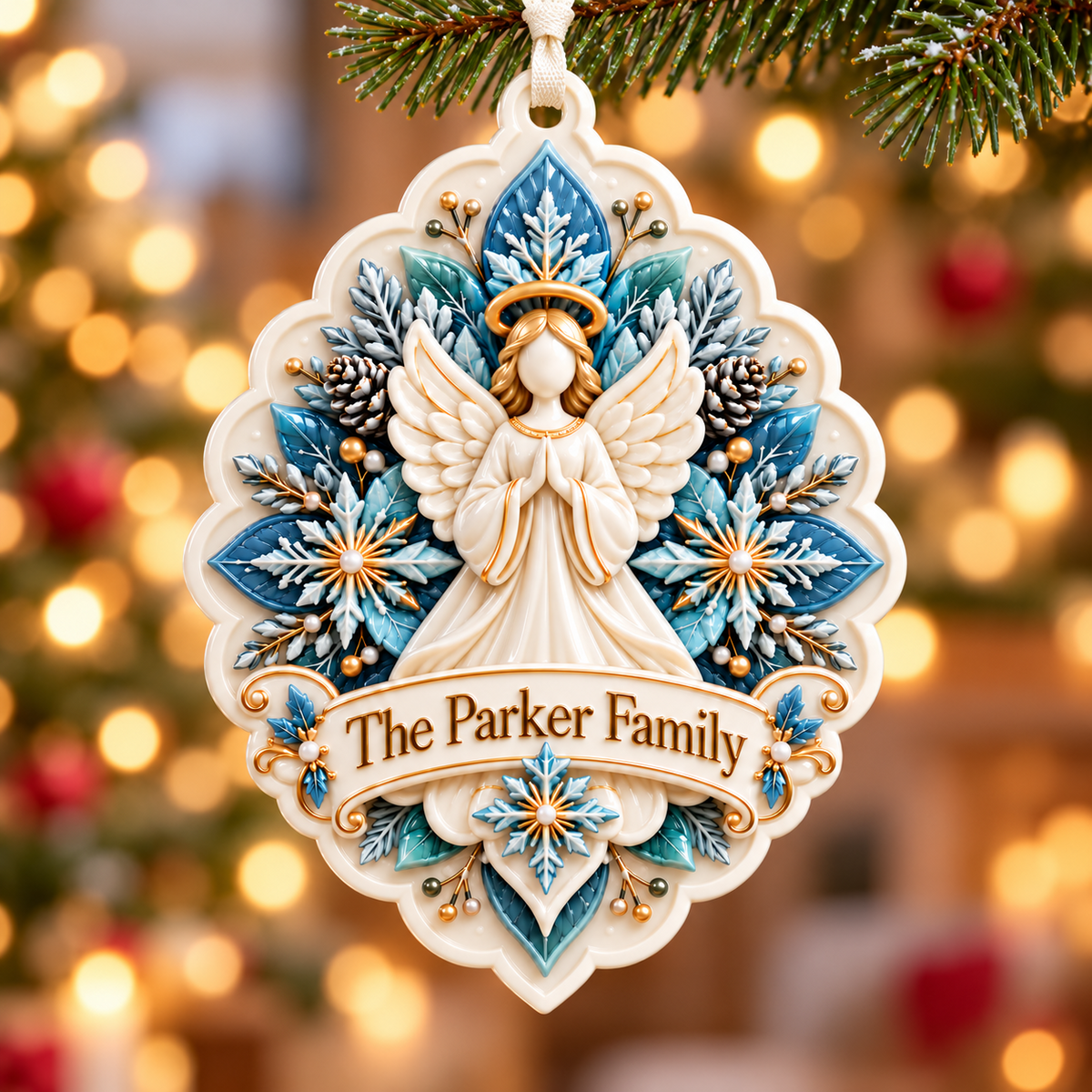 Praying Christmas Angel with Snowflake Medallion Frame - 3D Relief Ornament
