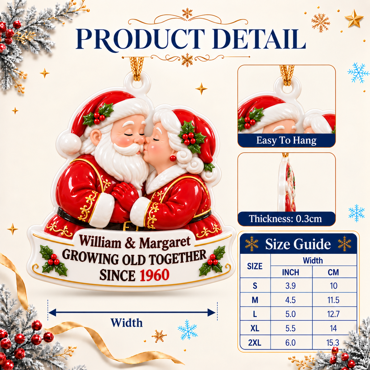 Santa and Mrs Claus Kissing Couple Holiday Hanging Decoration - 3D Relief Ornament