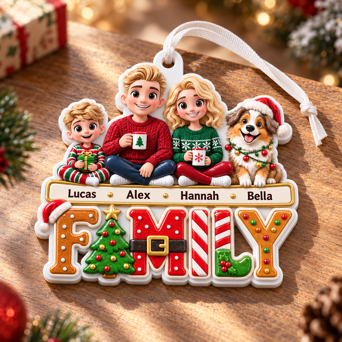 Family and Dog Christmas Tree Ornament, Acrylic Holiday Hanging Decor