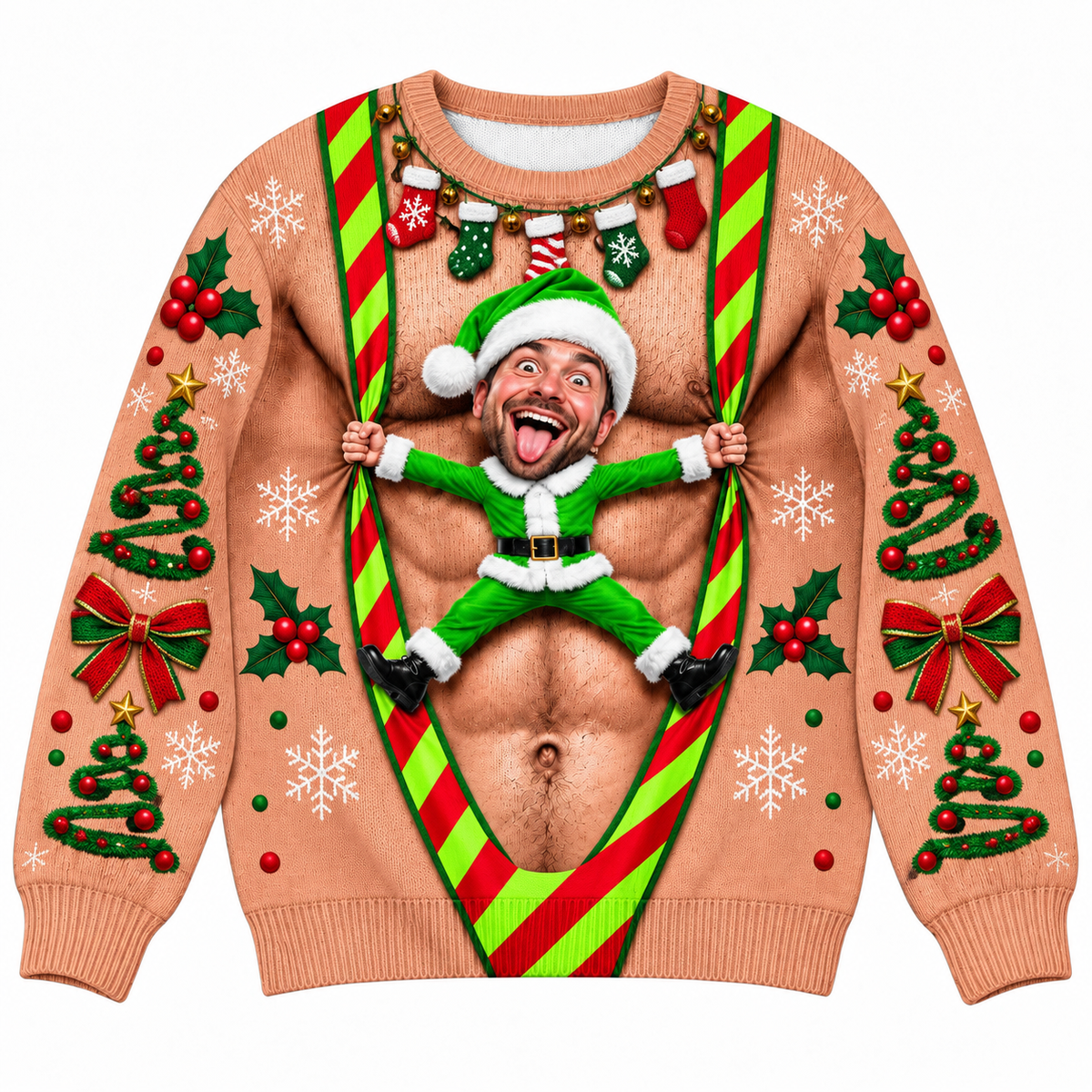 Ugly Christmas Sweatshirt Faux Hairy Chest Candy Cane Suspenders