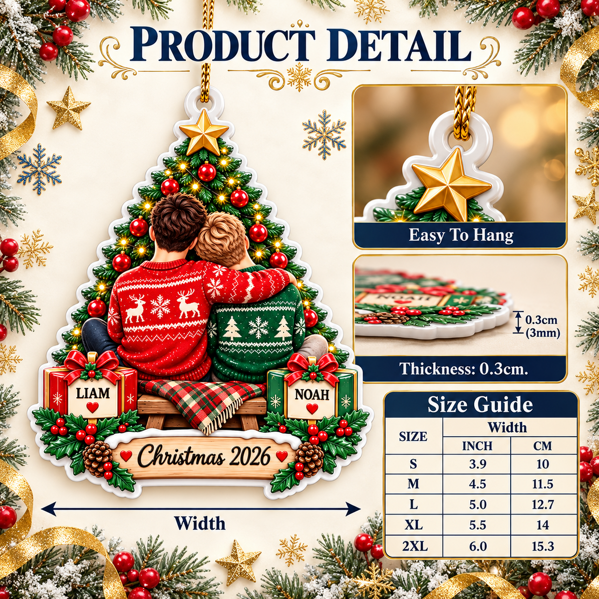 Couple Sitting by Christmas Tree Acrylic Hanging Plaque - 3D Relief Ornament