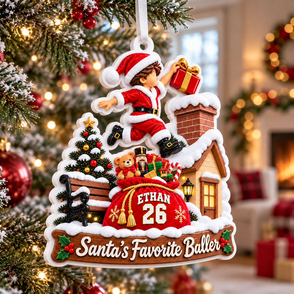 Santa's Favorite Baller Chimney Scene Acrylic Holiday Keepsake - 3D Relief Ornament