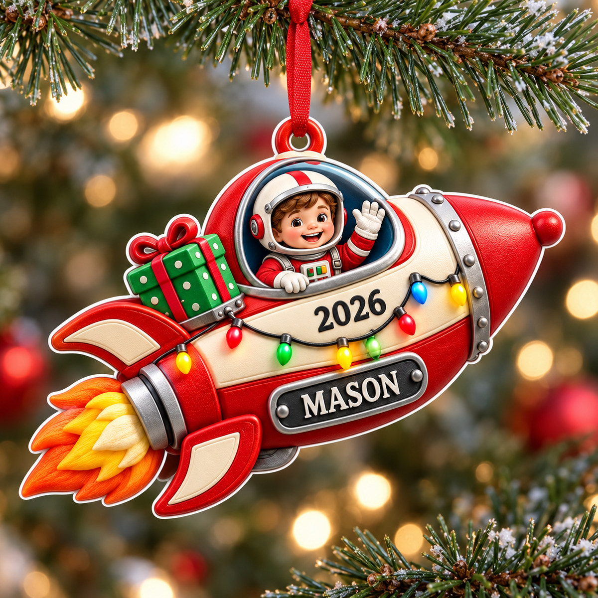 Astronaut Boy Flying Red Rocket Ship Holiday Tree Hanging Decor - 3D Relief Ornament