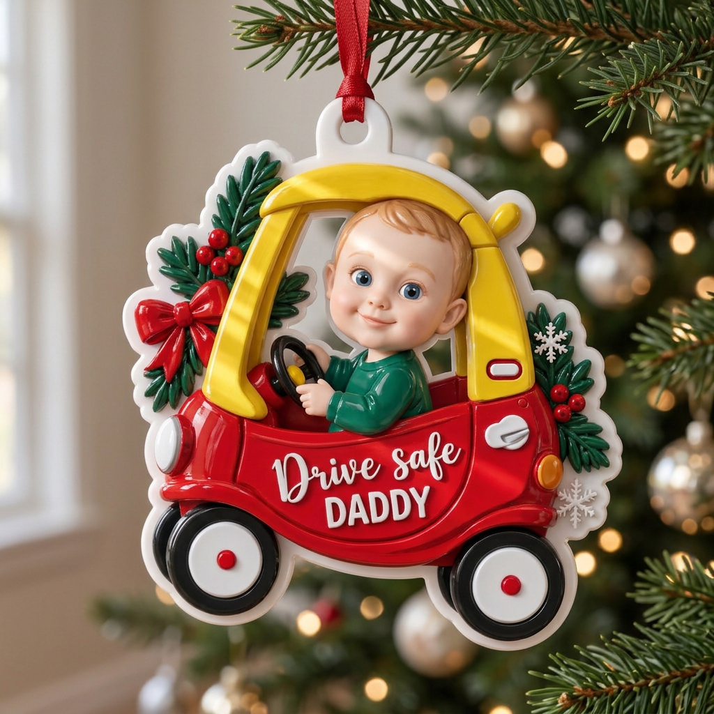 Baby in Red Toy Car Drive Safe Daddy Christmas Tree Keepsake - 3D Relief Ornament