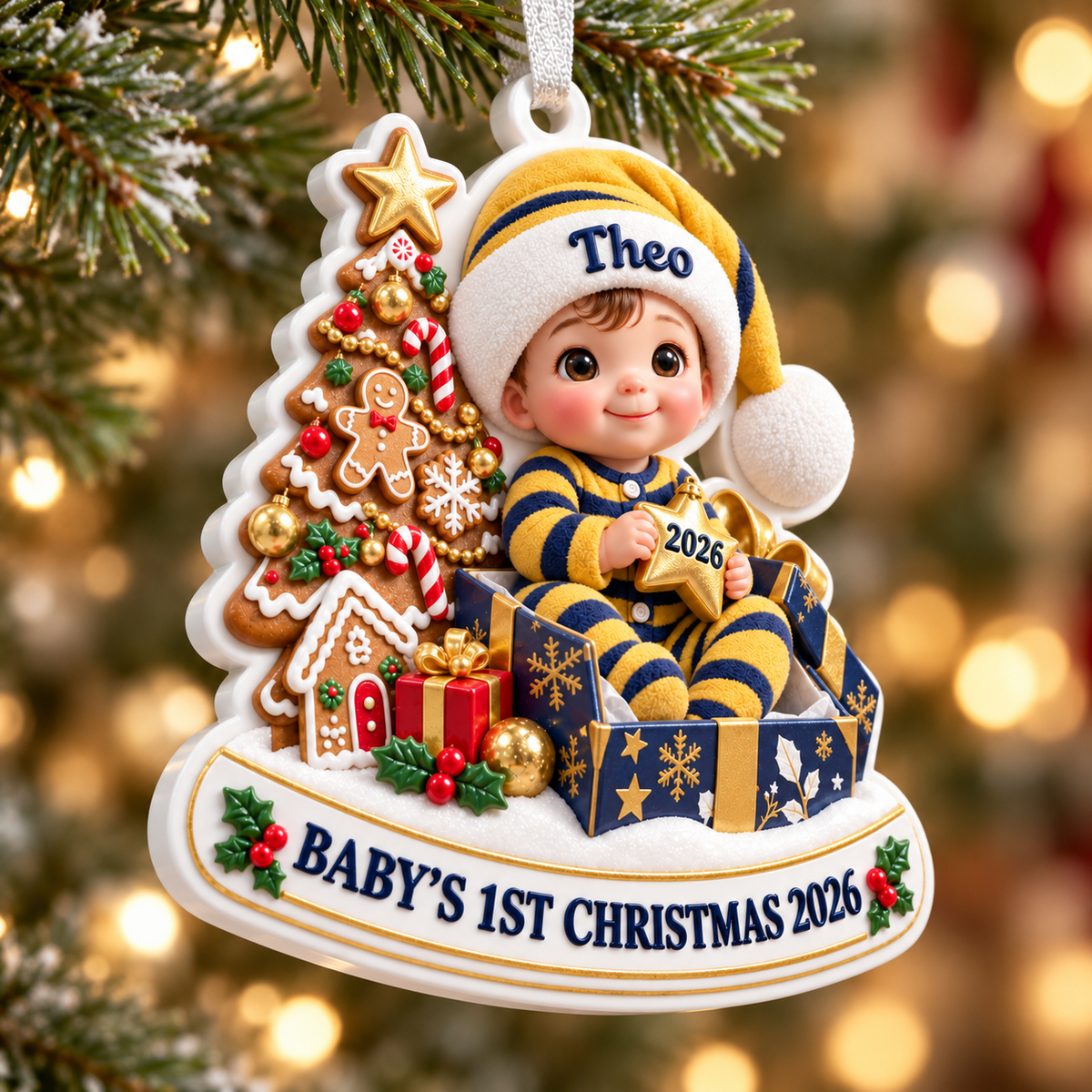 Baby's First Christmas Keepsake with Tree and Gingerbread Scene - 3D Relief Ornament