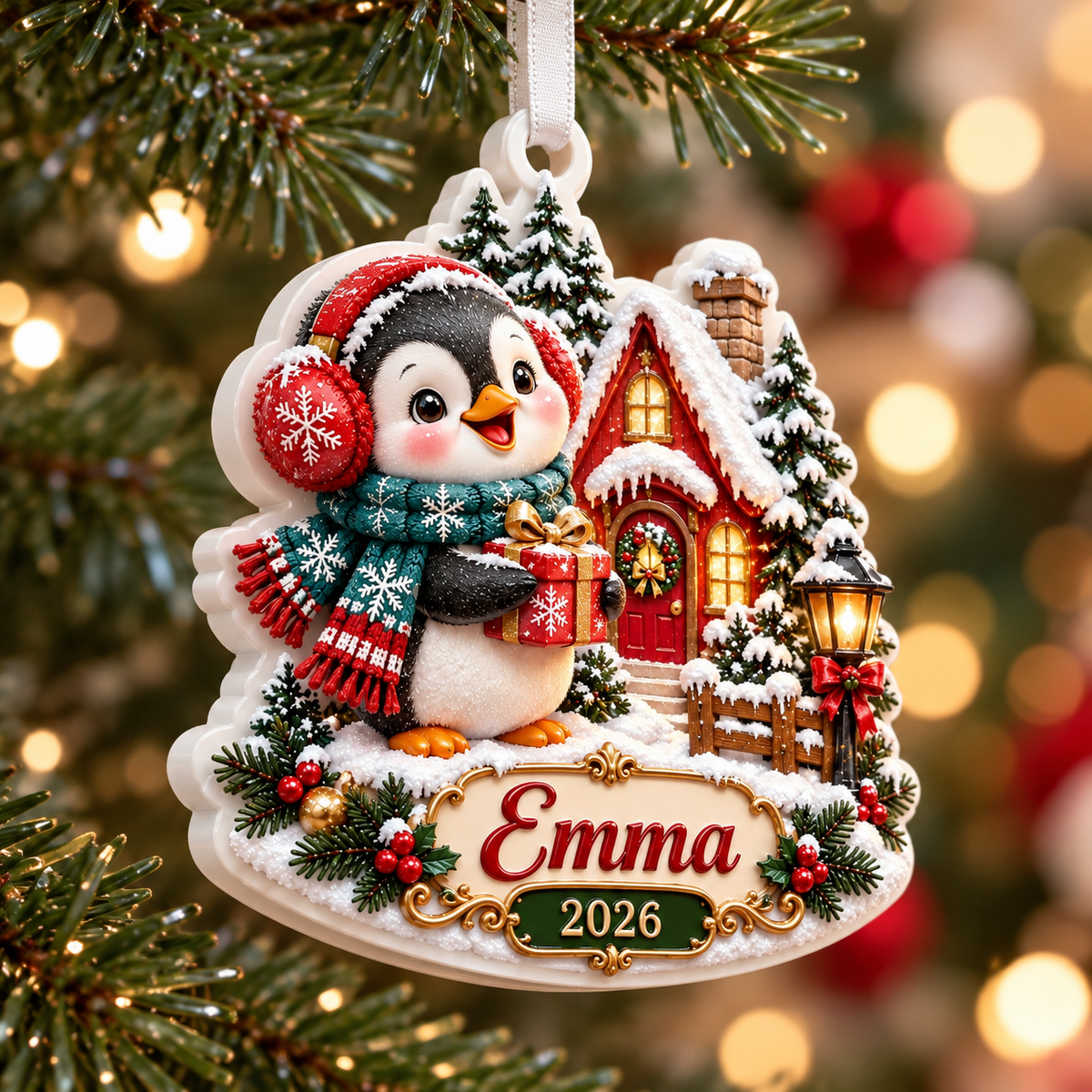 Winter Penguin and Snowy Cottage Holiday Tree Hanging Keepsake - 3D Relief Ornament