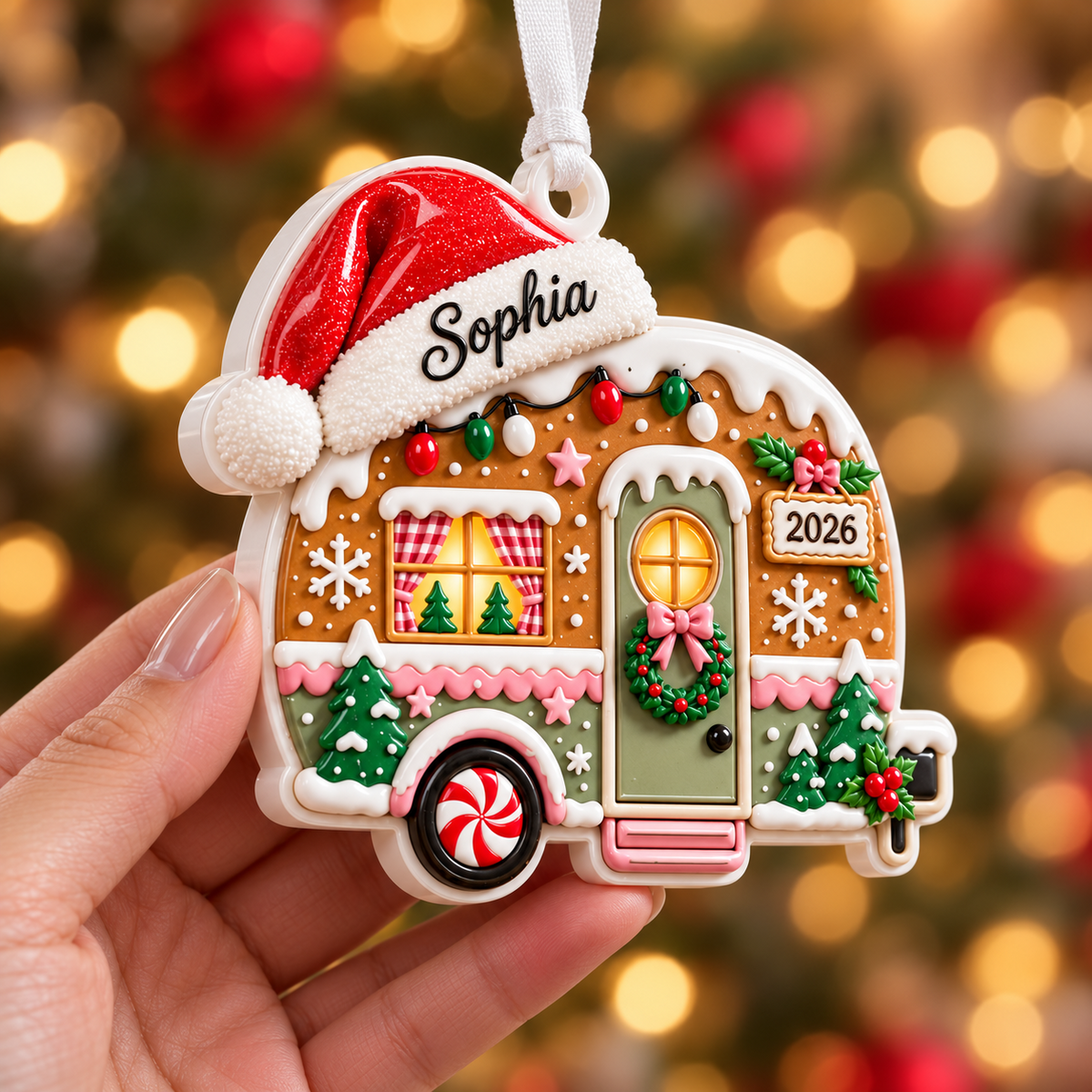 Gingerbread Camper Holiday Decoration with Santa Hat - 3D Relief Ornament