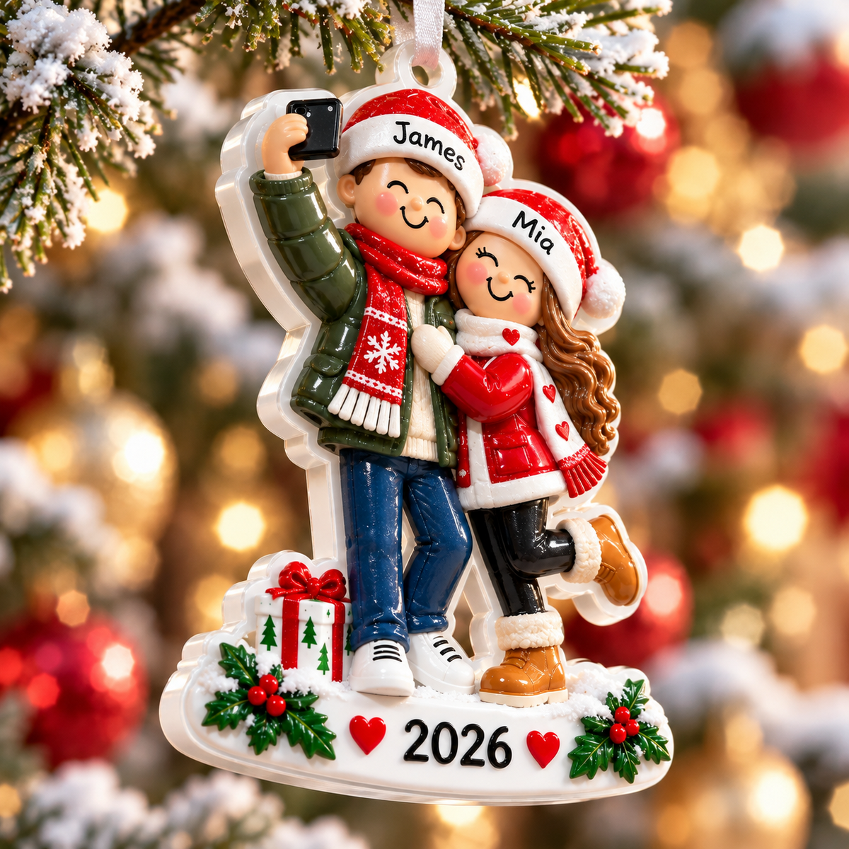 Couple Taking Selfie Christmas Tree Keepsake, Winter Holiday Figurine Hanging - 3D Relief Ornament