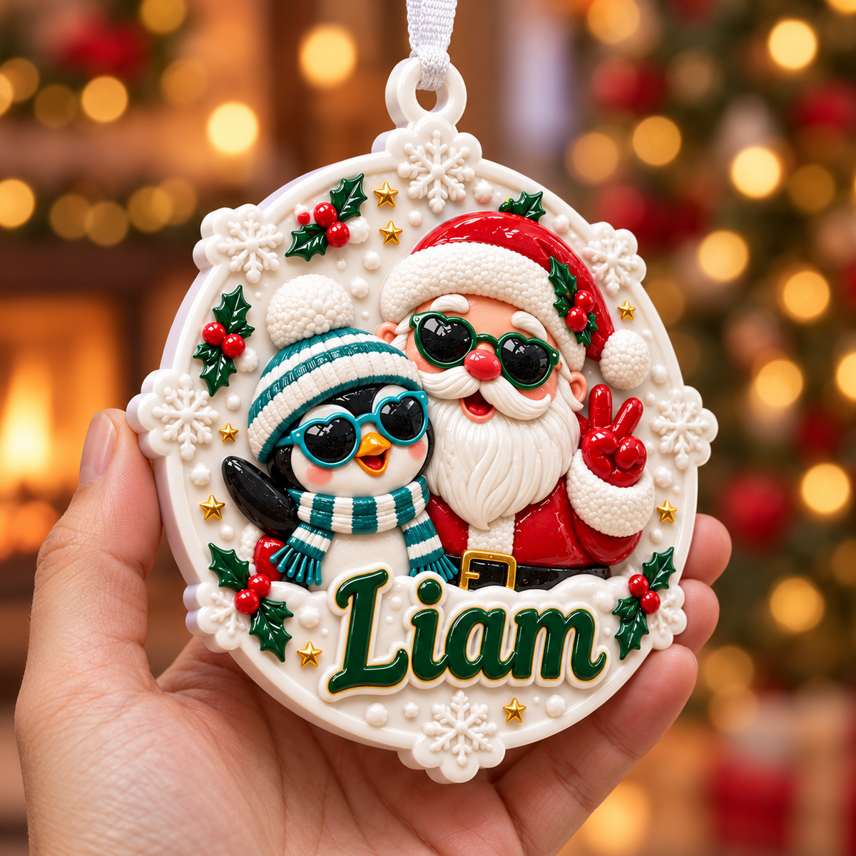 Santa Claus and Penguin Snowflake Holiday Medallion - 3D Relief Ornament