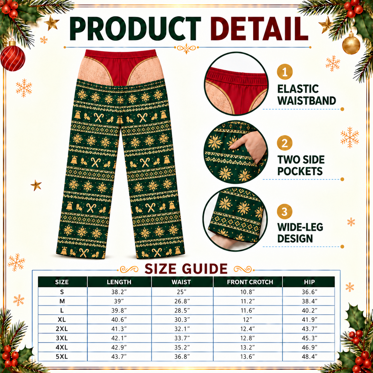 Novelty Faux Thong Christmas Pajama Pants, Graphic Holiday Loungewear