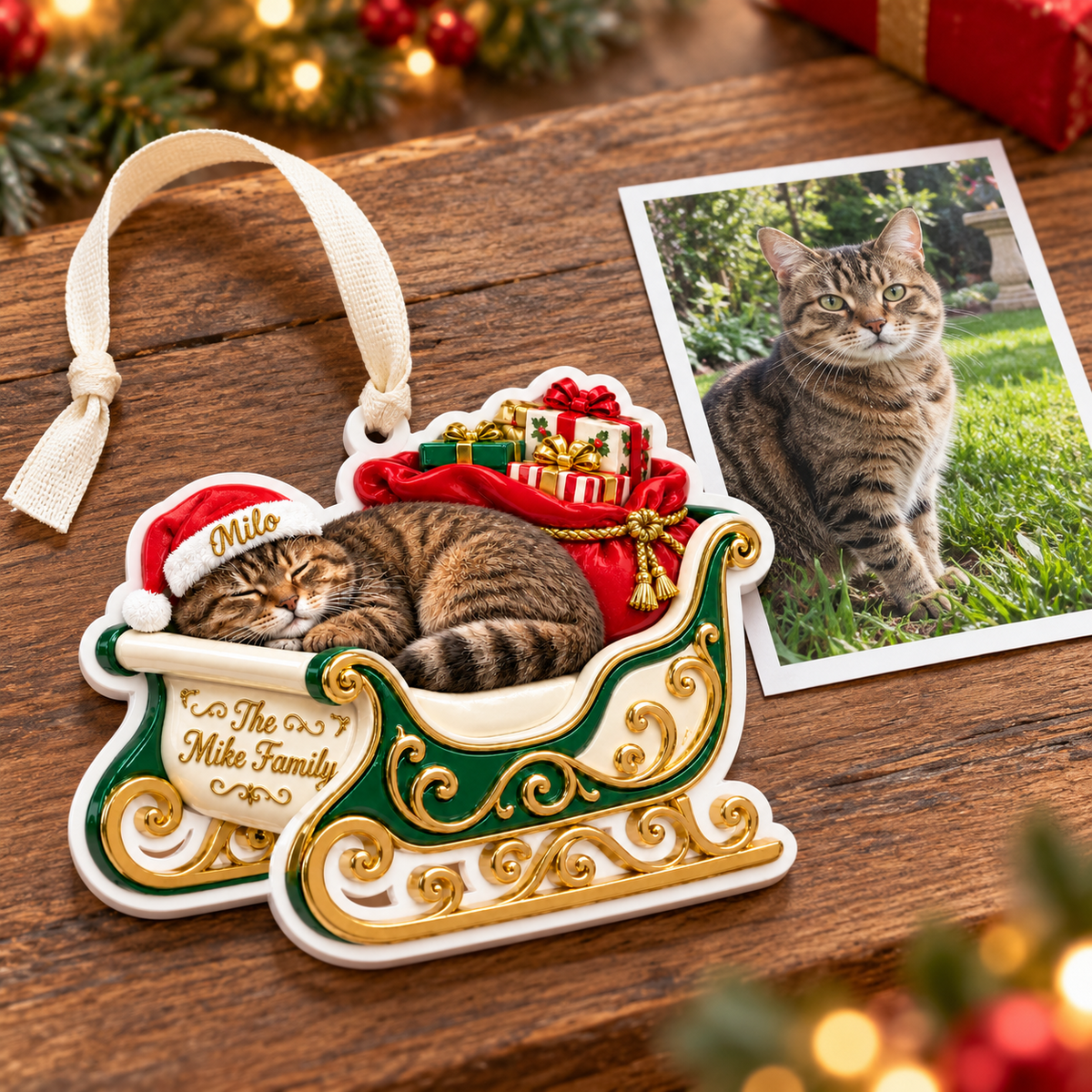 Sleeping Tabby Cat in Green and Gold Christmas Sleigh Holiday Decor - 3D Relief Ornament