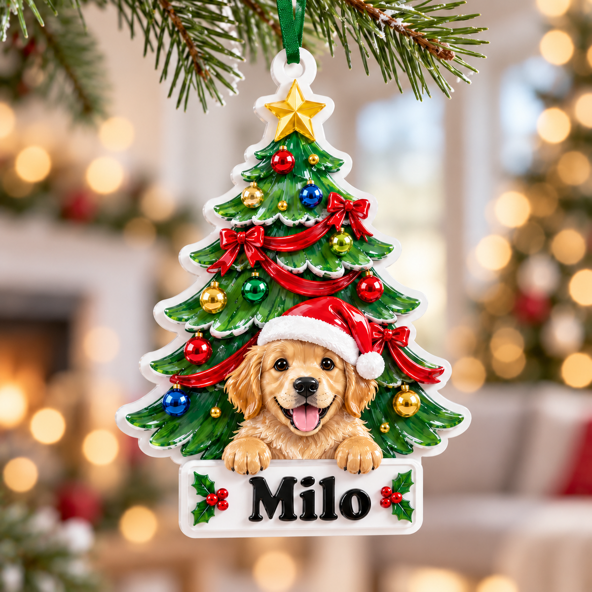 Golden Retriever Puppy Christmas Tree Hanging Holiday Decor - 3D Relief Ornament