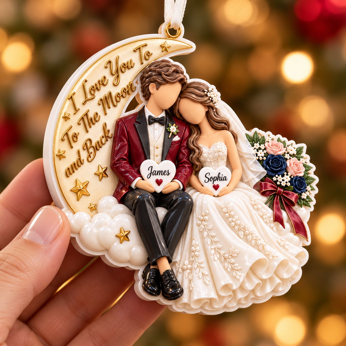 Wedding Couple on Crescent Moon Hanging Keepsake with Floral Bouquet - 3D Relief Ornament