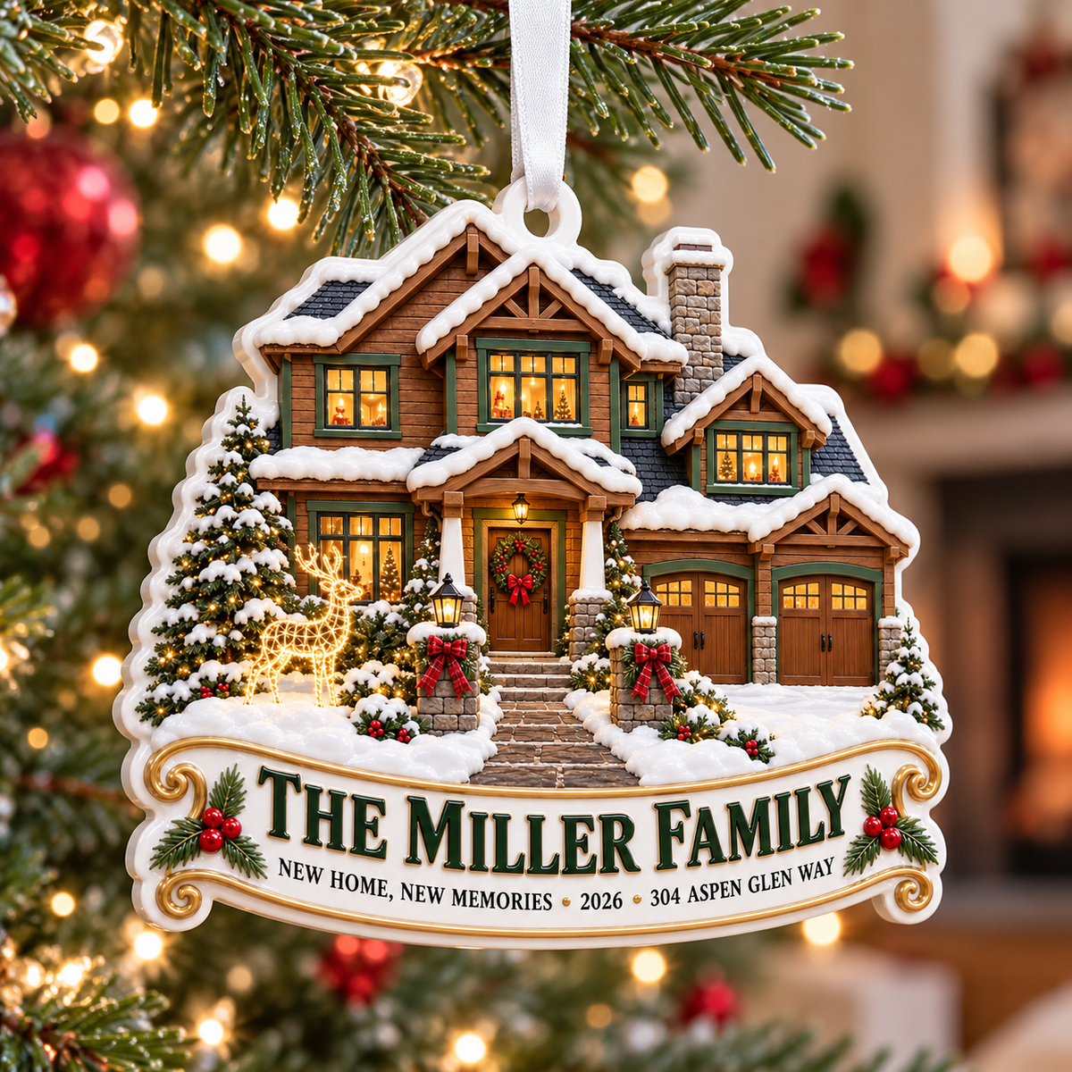 Snowy Winter House Holiday Keepsake with Ribbon Hanging Loop - 3D Relief Ornament