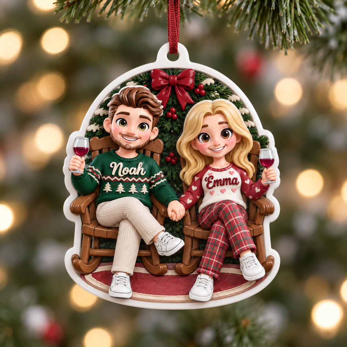 Couple in Rocking Chairs Christmas Tree Hanging Decor with Wine and Wreath - 3D Relief Ornament
