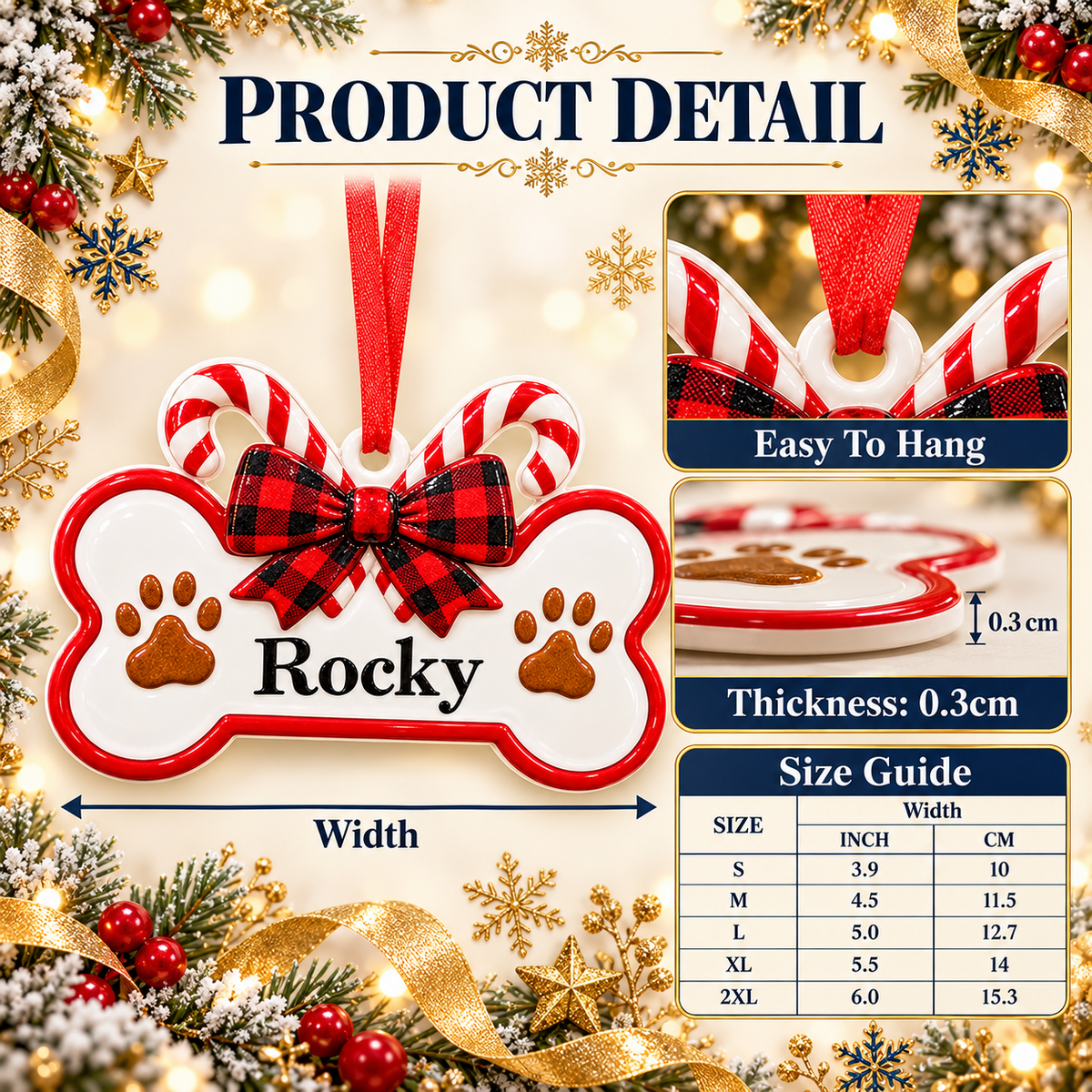 Dog Bone Holiday Keepsake with Candy Canes and Plaid Ribbon Bow - 3D Relief Ornament