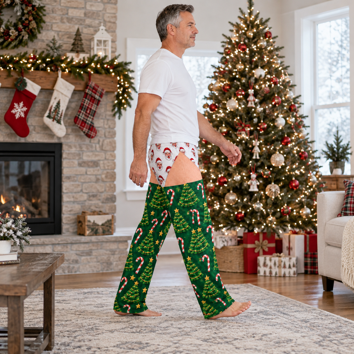Mens Christmas Gag Pajama Pants Novelty Cutout Illusion Sleepwear