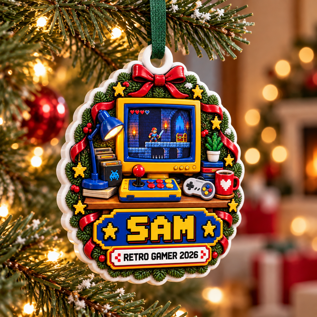 Retro Gamer Pixel Arcade Desk Holiday Hanging Keepsake - 3D Relief Ornament