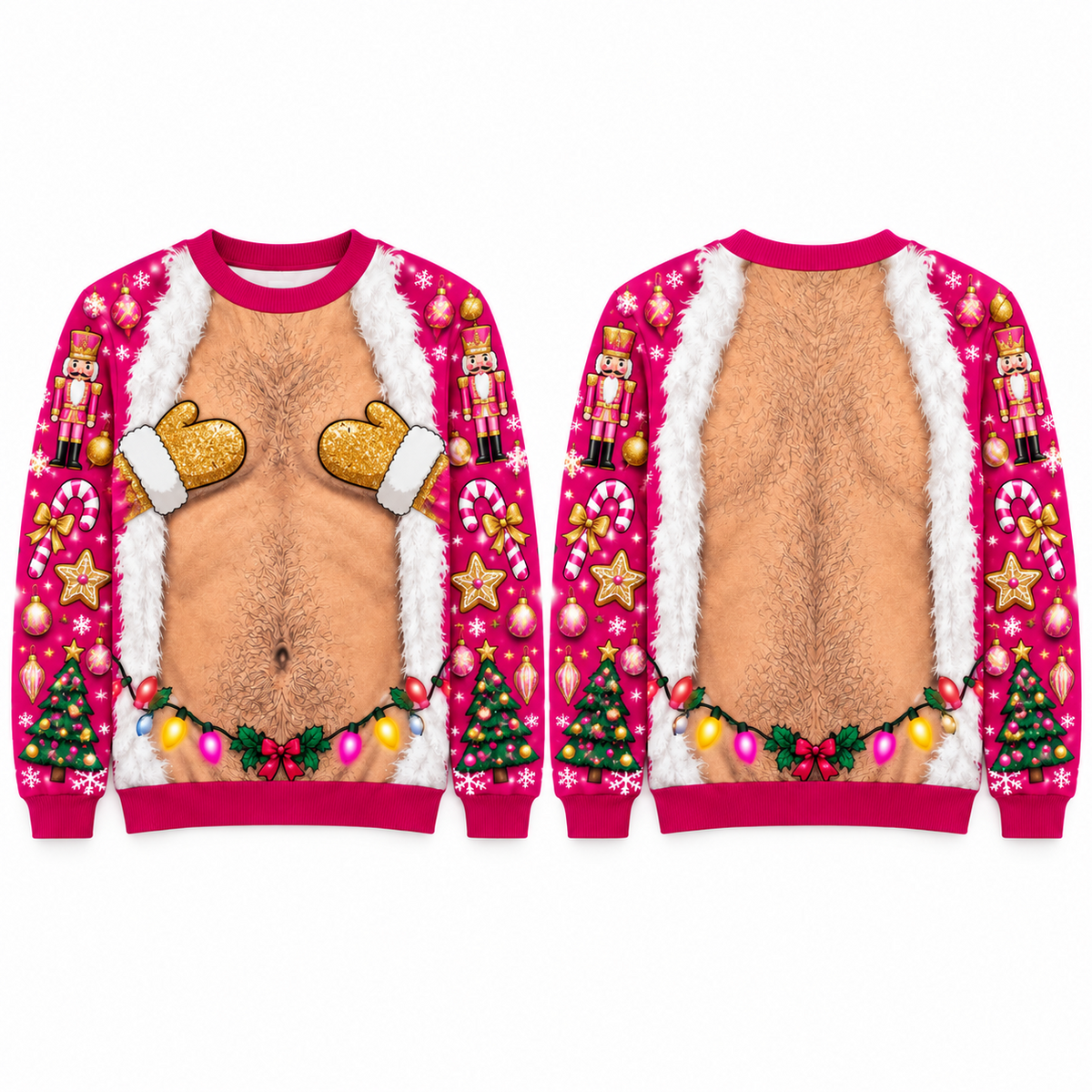 Funny Christmas Sweatshirt Hairy Chest Mitten Lights Ugly Sweater