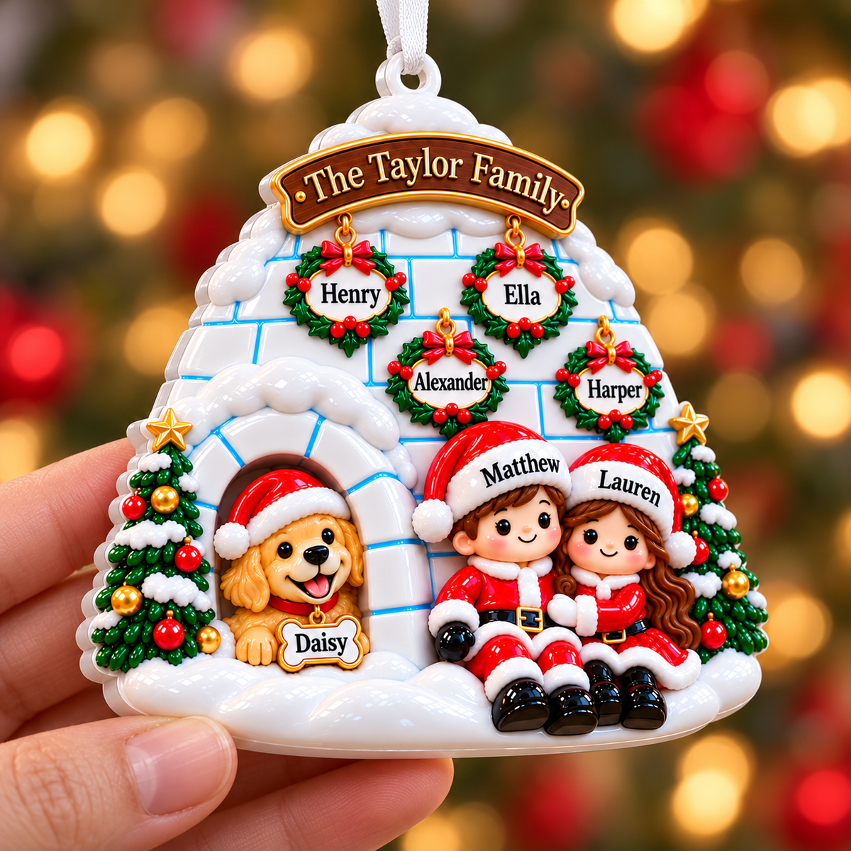 Winter Igloo Family of 6 with Dog Hanging Holiday Keepsake - 3D Relief Ornament