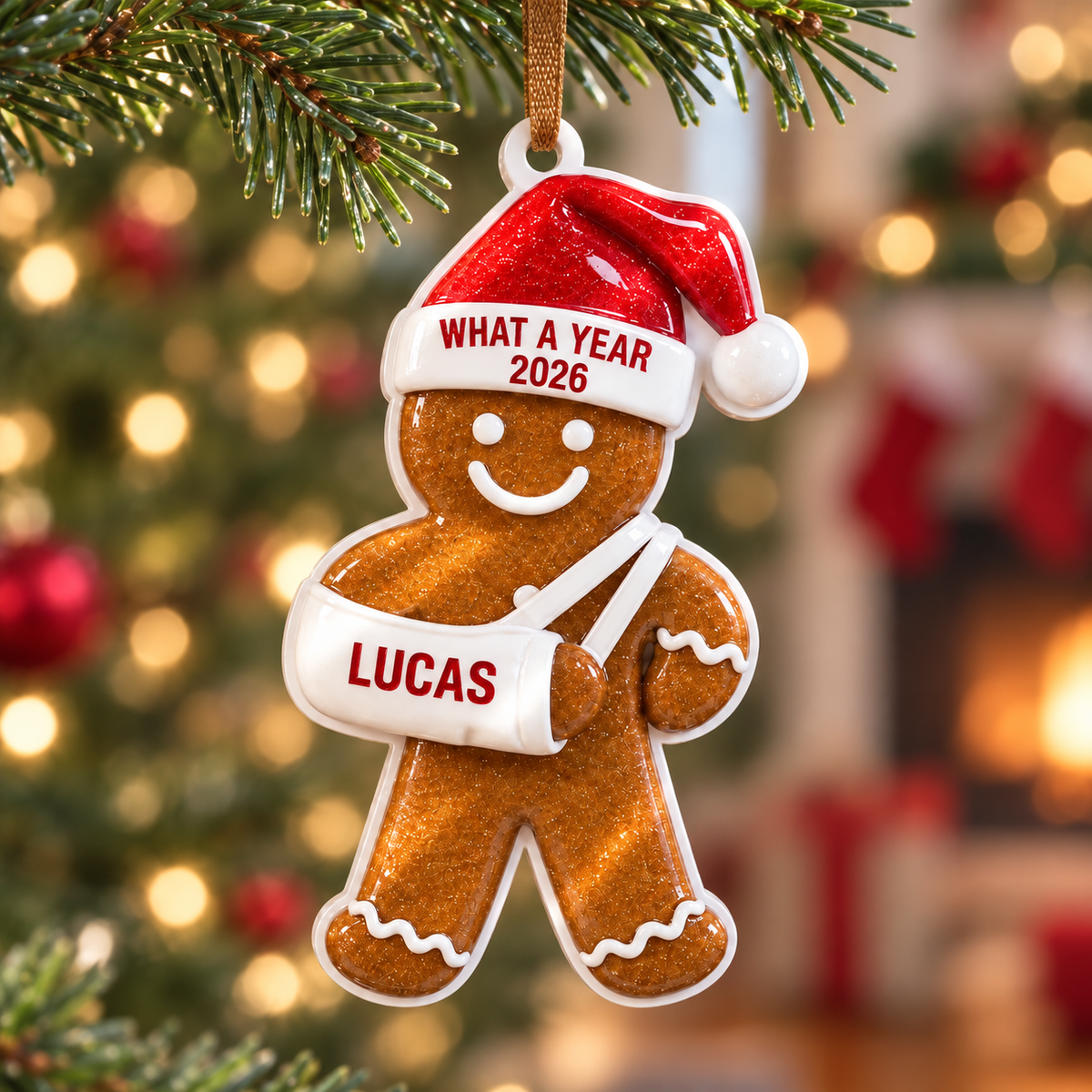 Gingerbread Man with Broken Arm Cast and Santa Hat Holiday Tree Decor - 3D Relief Ornament