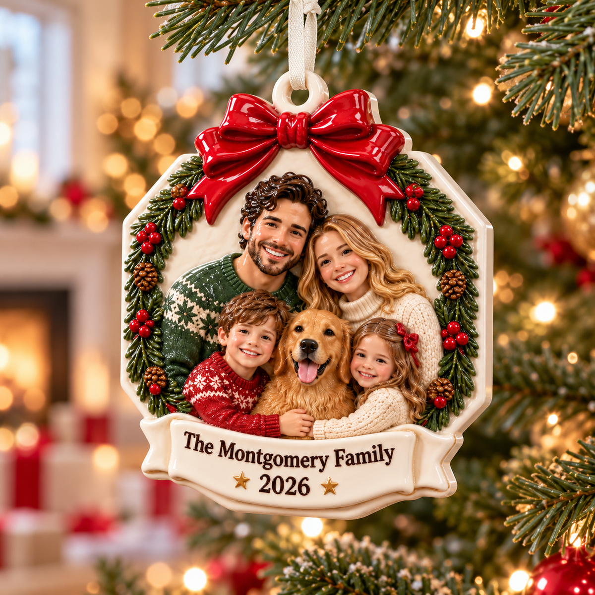 Family Portrait with Dog Wreath and Red Bow Ceramic Keepsake - 3D Relief Ornament